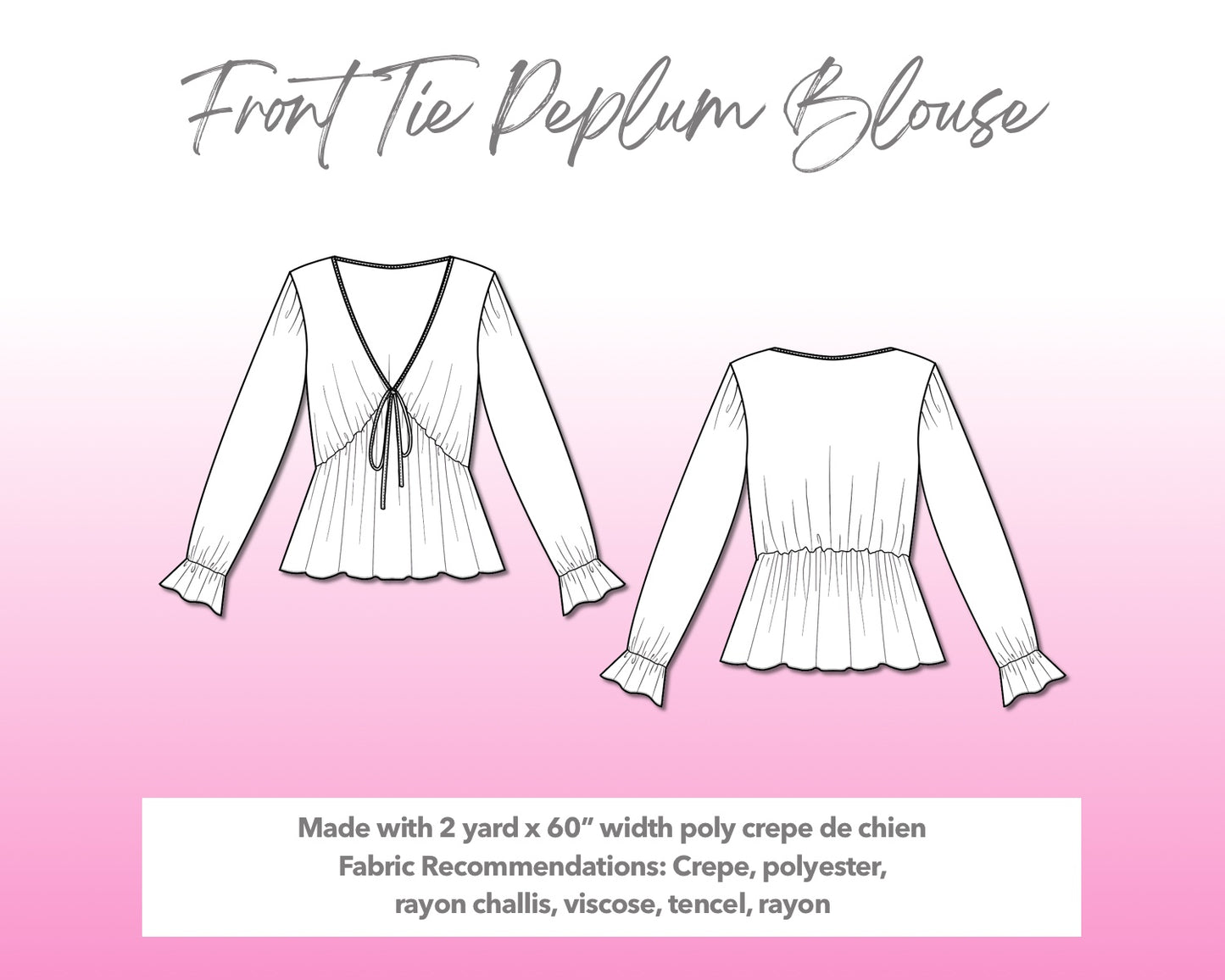 Illustration and detailed description for Front Tie Peplum Blouse sewing pattern.