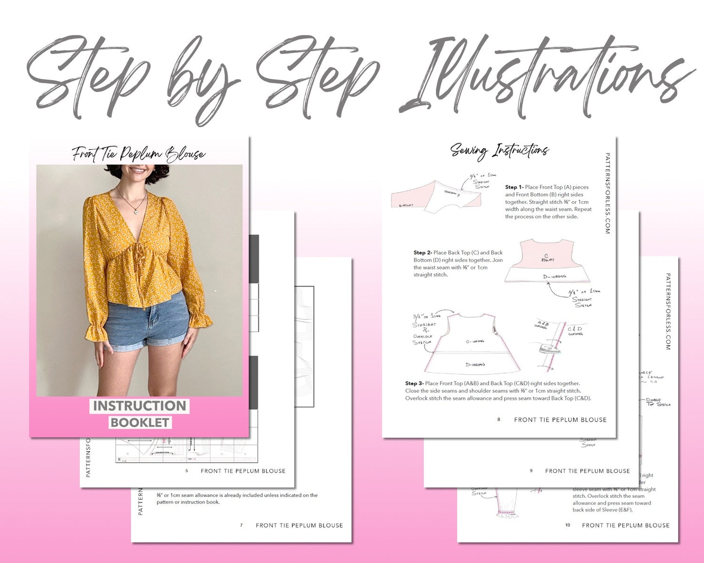 Front Tie Peplum Blouse sewing pattern step by step illustrations