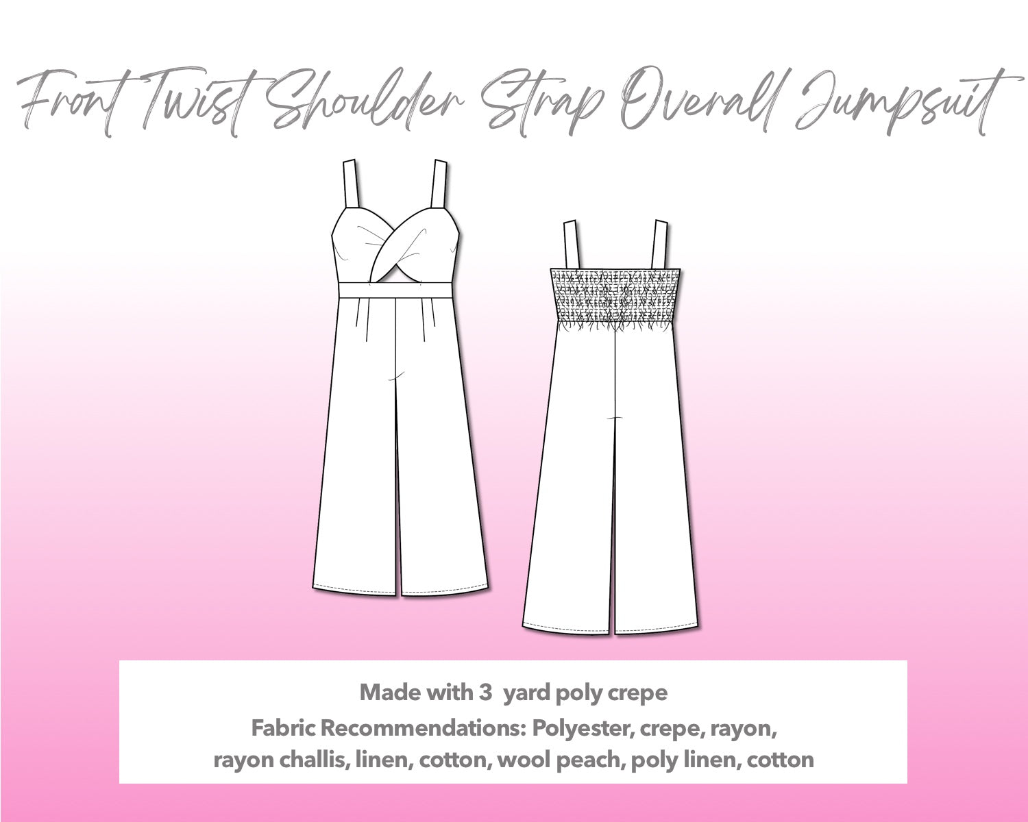 Illustration and detailed description for Front Twist Shoulder Strap Overall Jumpsuit sewing pattern.