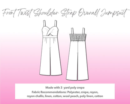 Illustration and detailed description for Front Twist Shoulder Strap Overall Jumpsuit sewing pattern.