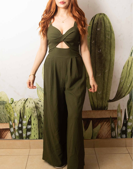 Front view of Front Twist Shoulder Strap Overall Jumpsuit.