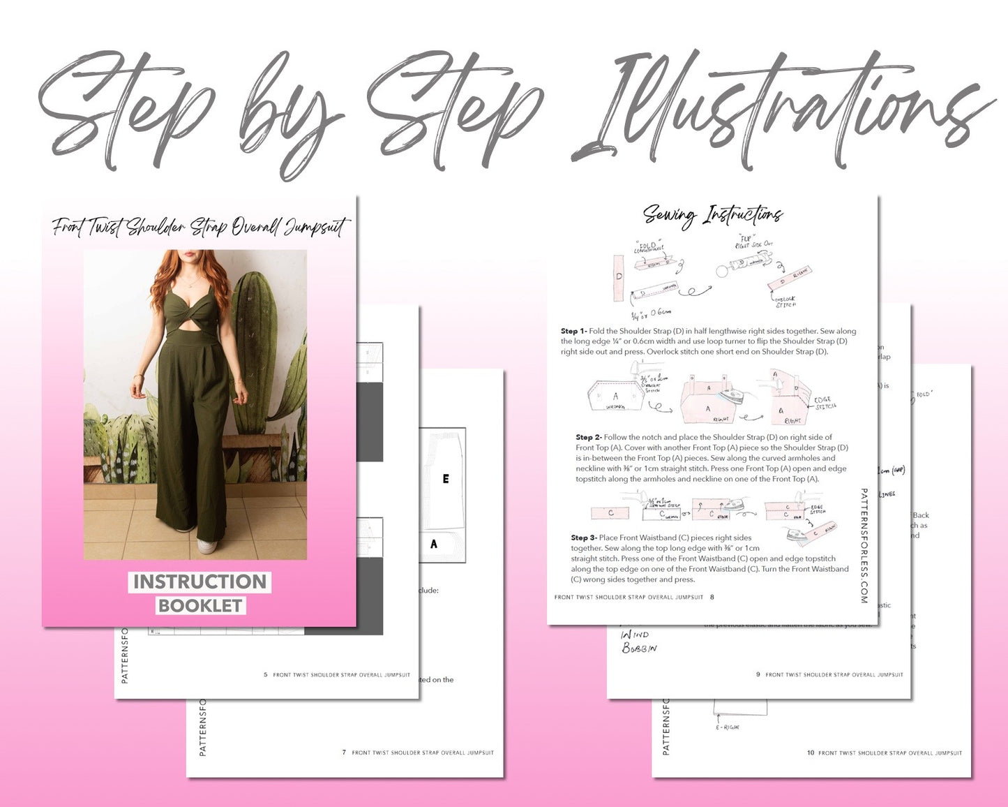 Front Twist Shoulder Strap Overall Jumpsuit sewing pattern step by step illustrations.