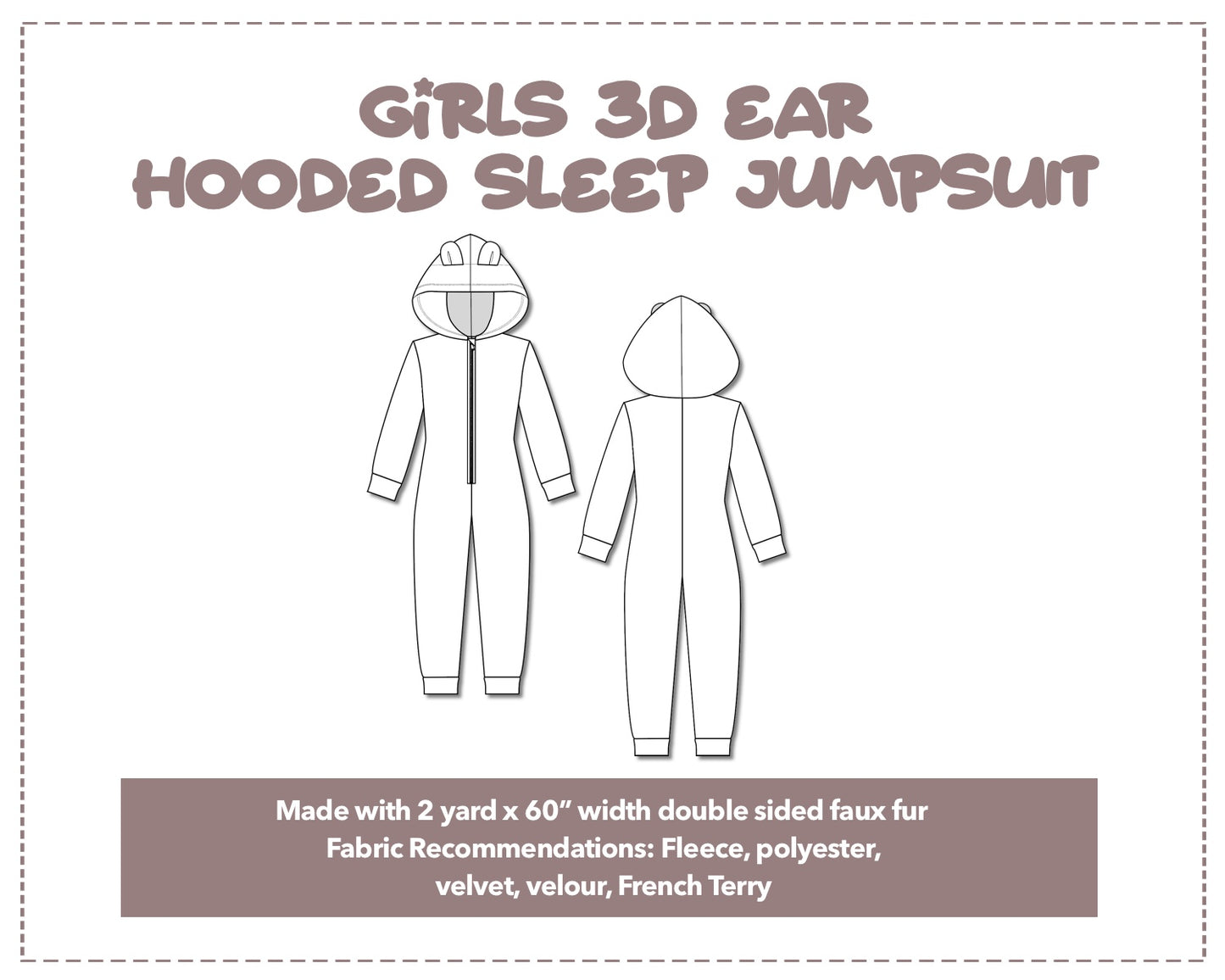 Illustration and detailed description for Girls 3D Ear Hooded Sleep Jumpsuit sewing pattern.