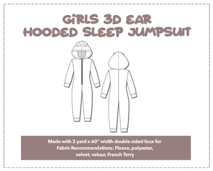 Illustration and detailed description for Girls 3D Ear Hooded Sleep Jumpsuit sewing pattern.