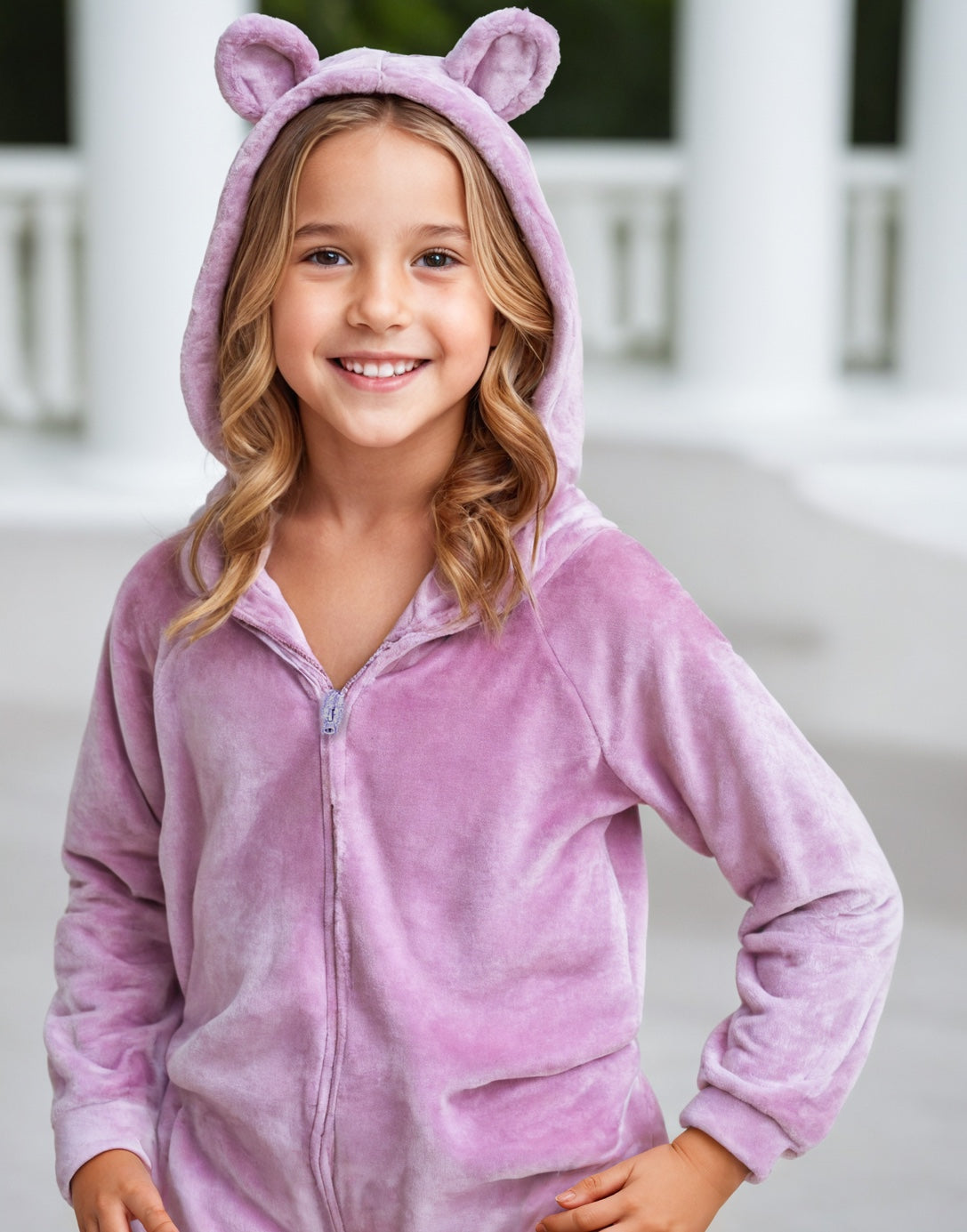 Front view of Girls 3D Ear Hooded Sleep Jumpsuit.