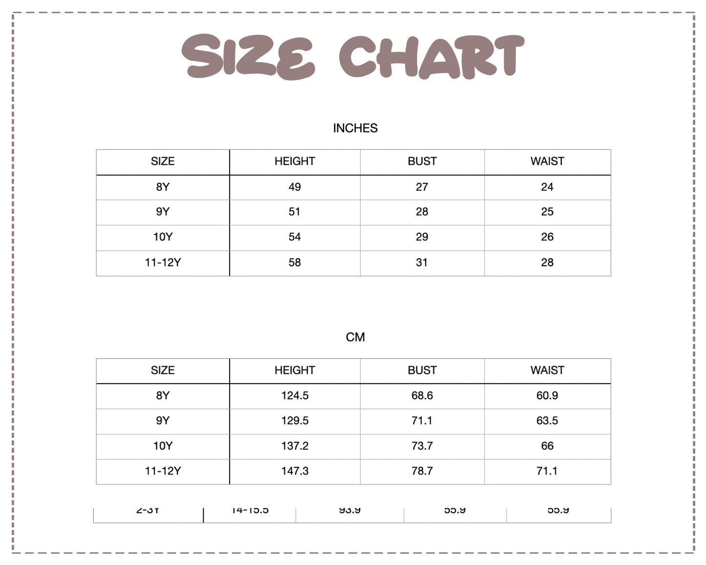 Patterns For Kidz size chart.