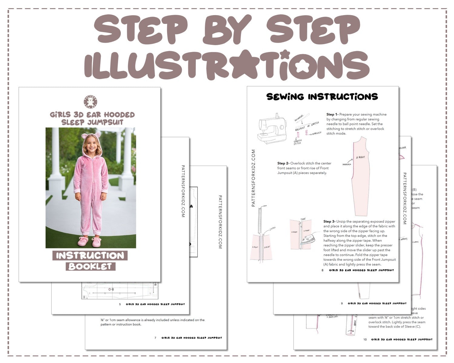 Girls 3D Ear Hooded Sleep Jumpsuit sewing pattern step by step illustrations.