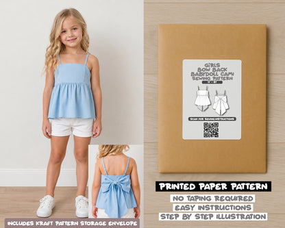 Girls Bow Back Babydoll Cami Top printed sewing pattern with easy instructions and step by step illustrations.