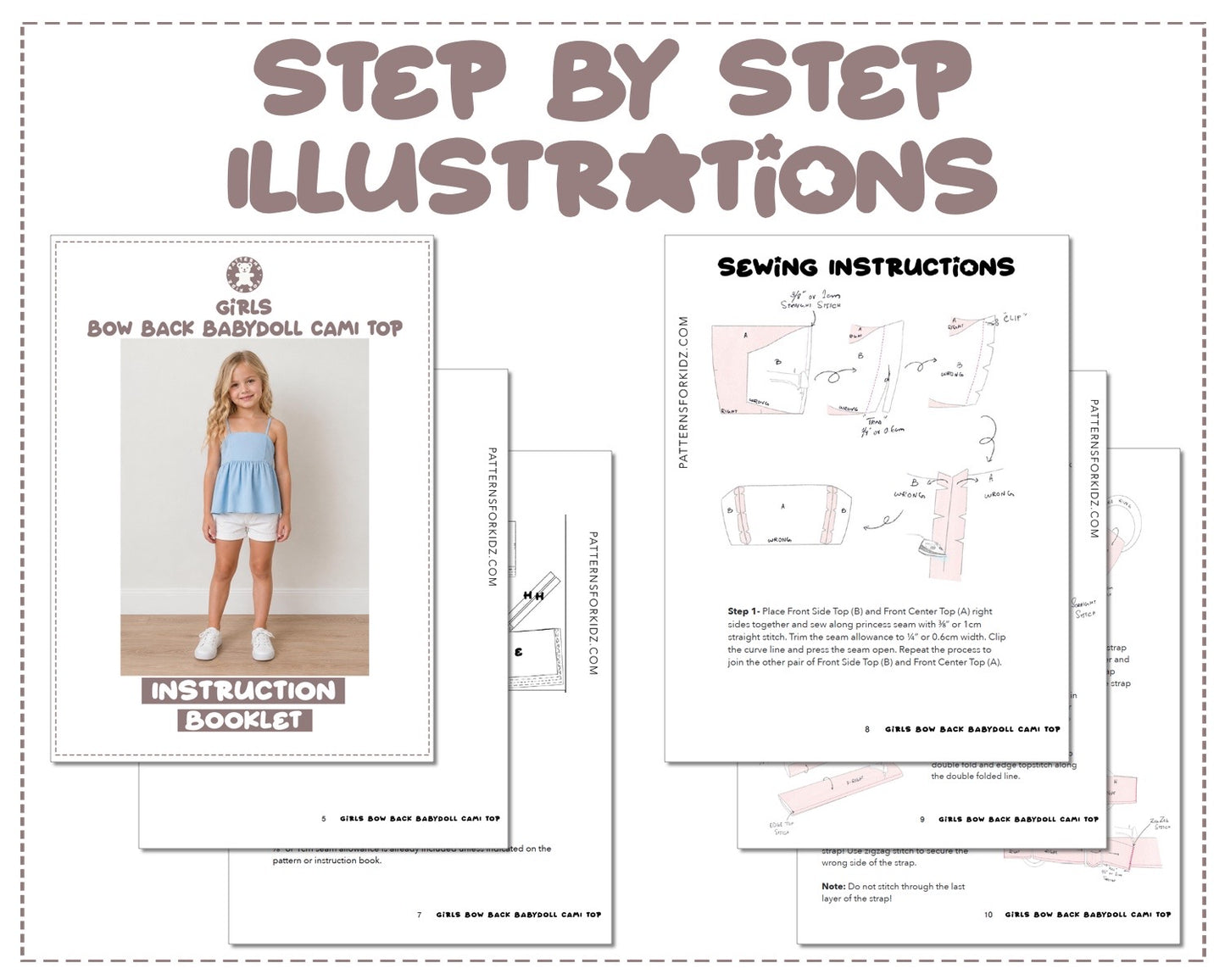 Girls Bow Back Babydoll Cami Top sewing pattern instruction booklet showing step by step illustrations to make the garment.