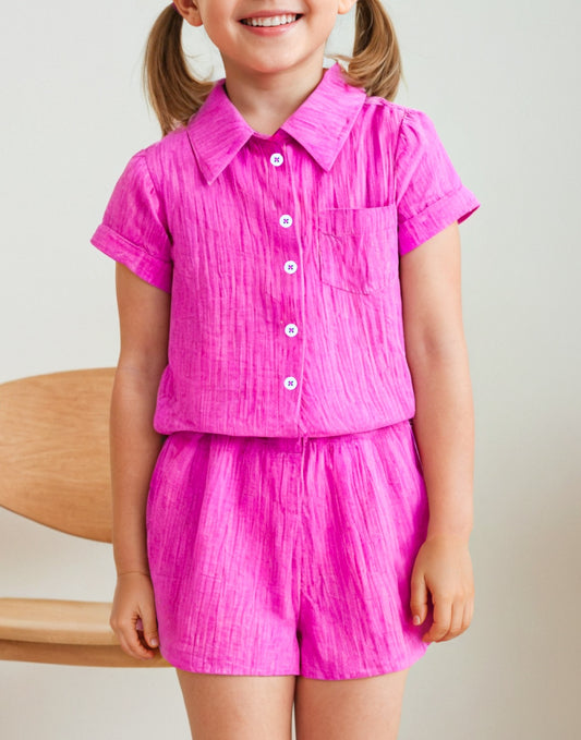 Front view of Girls Button Front Shirt and Shorts Set.