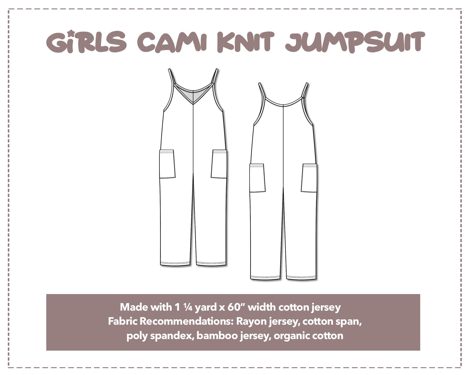 Illustration and detailed description for Girls Cami Knit Jumpsuit sewing pattern.