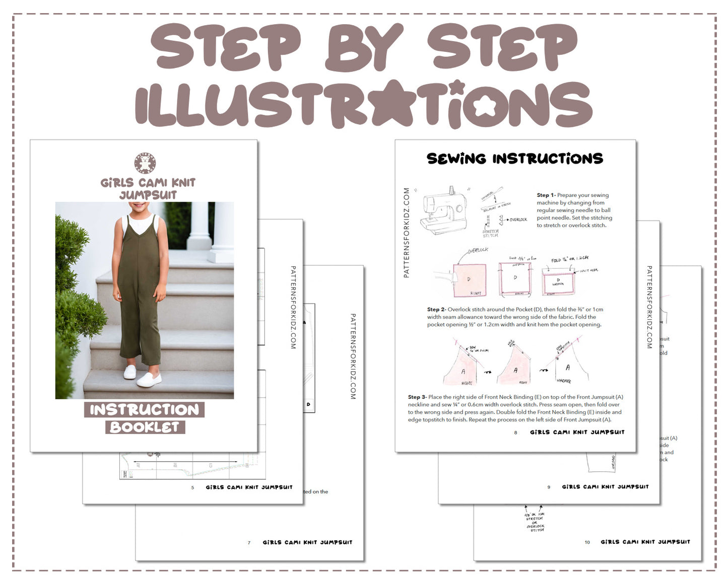 Girls Cami Knit Jumpsuit sewing pattern step by step illustrations.