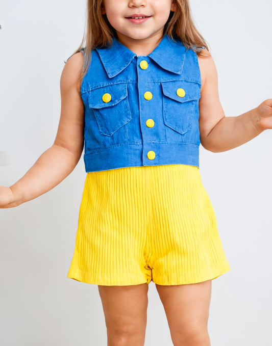 Front view of Girls Cami Romper And Vest Set.