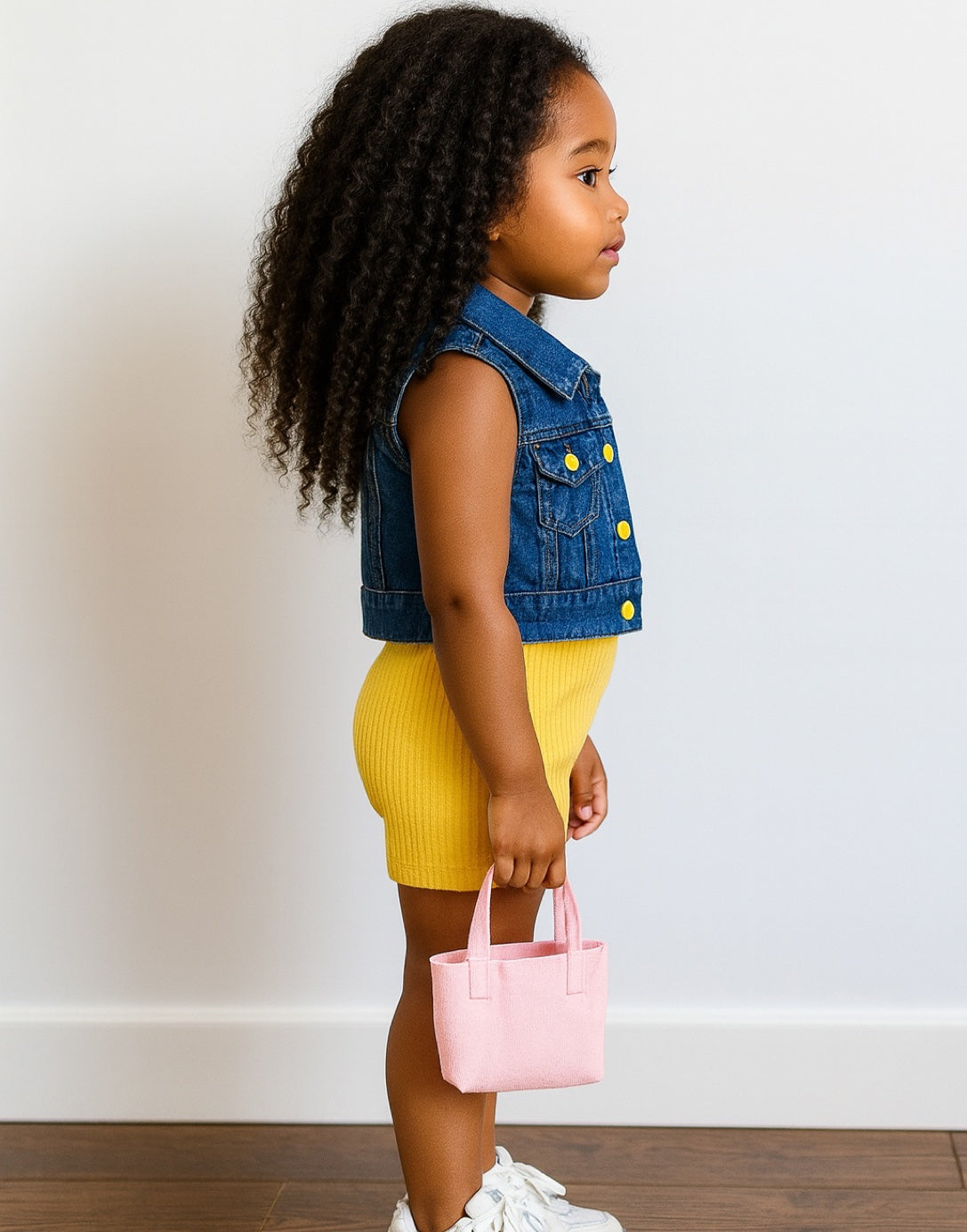 Side view of child wearing a yellow romper with a denim vest holding a pink bag against a white background.