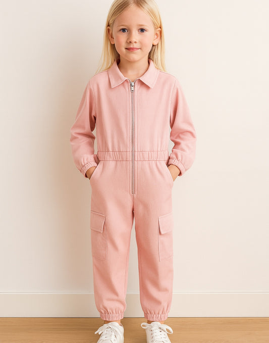 Front view of Girls Cargo Utility Flightsuit Jumpsuit.