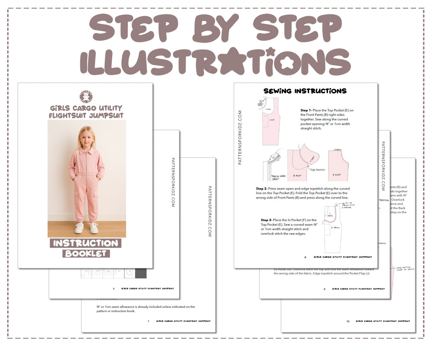 Girls Cargo Utility Flightsuit Jumpsuit sewing pattern step by step illustrations.