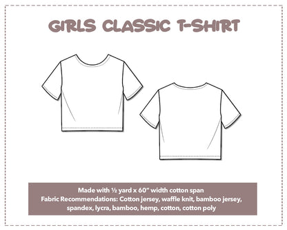 Illustration and detailed description for Girls Classic T-Shirt sewing pattern. Made with ½ yard x 60” width cotton span. Other Fabric Recommendations: Cotton jersey, waffle knit, bamboo jersey, spandex, lycra, bamboo, hemp, cotton, cotton poly.