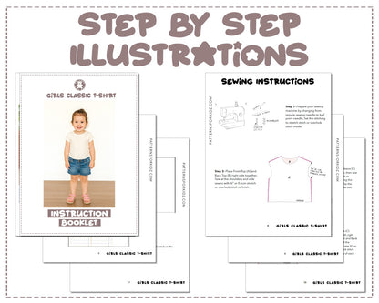 Girls Classic T-Shirt sewing pattern instruction booklet showing step by step illustrations to make the garment.