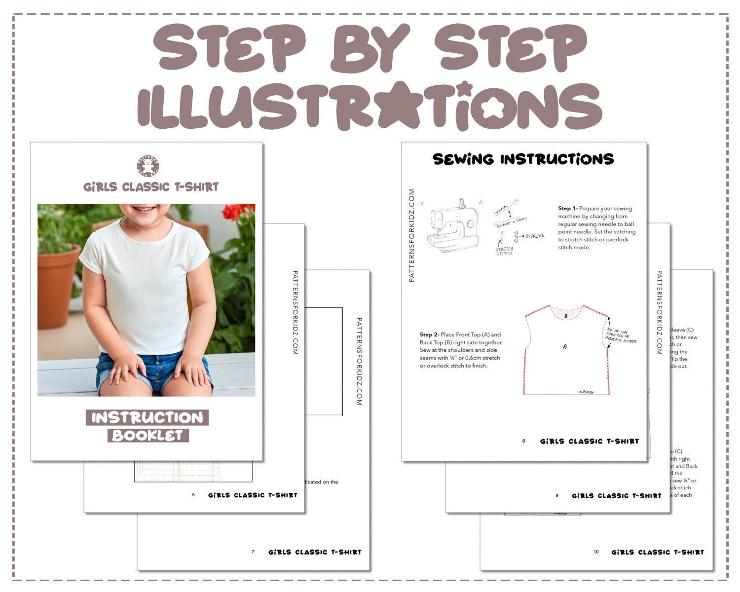 Girls Classic T-Shirt sewing pattern step by step illustrations.