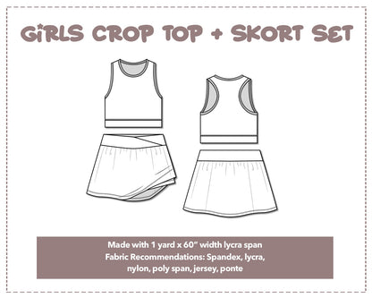 Illustration and detailed description for Girls Crop Top And Skort Set sewing pattern.