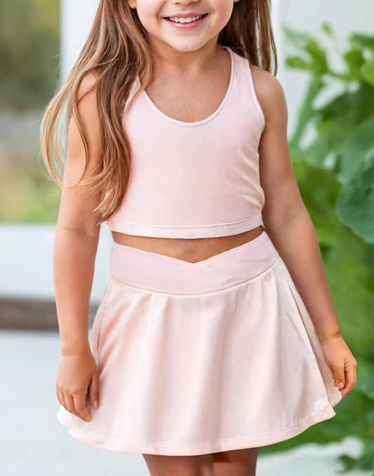 Front view of Girls Crop Top And Skort Set.