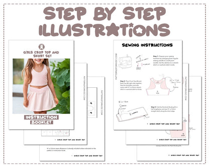 Girls Crop Top And Skort Set sewing pattern step by step illustrations.