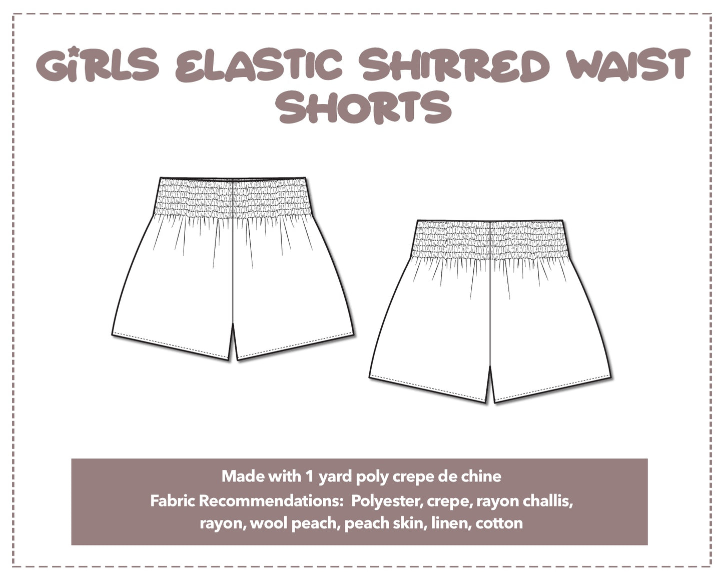 Illustration and detailed description for Girls Elastic Shirred Waist Shorts sewing pattern.
