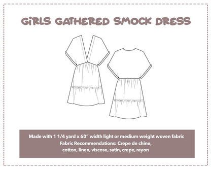 Illustration and detailed description for Girls Gathered Smock Dress sewing pattern.