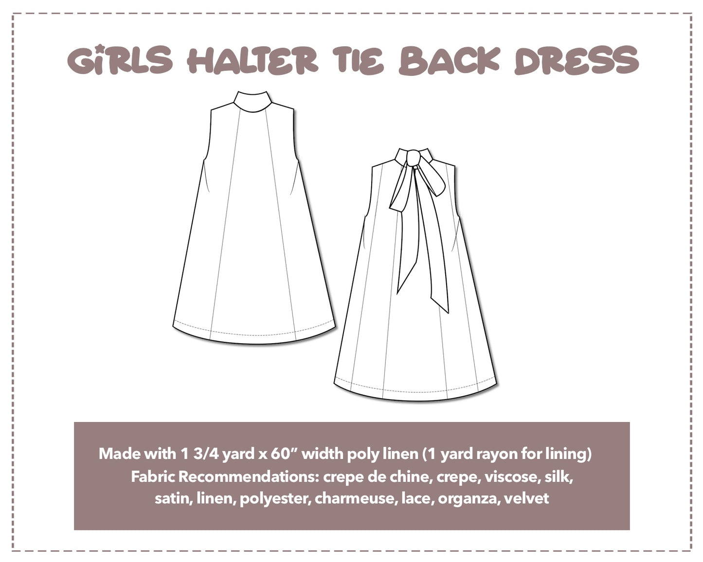 Illustration and detailed description for Girls Halter Tie Back Dress sewing pattern.