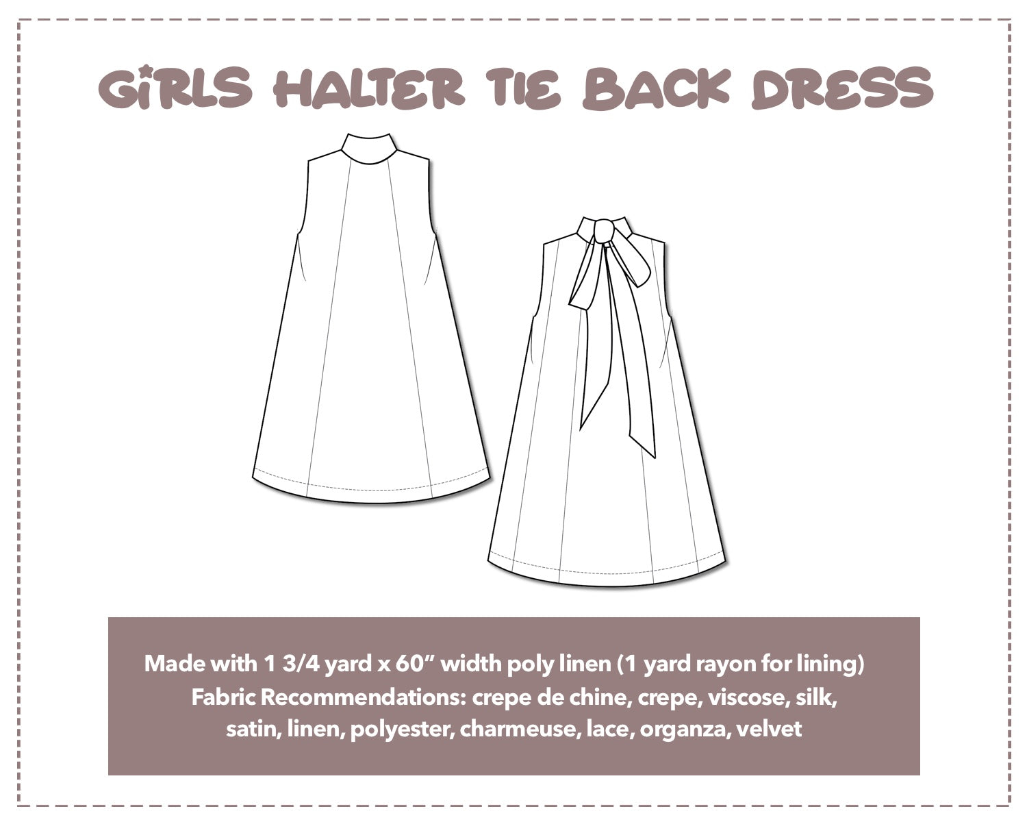 Illustration and detailed description for Girls Halter Tie Back Dress sewing pattern.