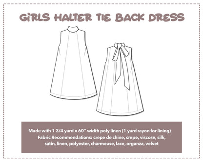 Illustration and detailed description for Girls Halter Tie Back Dress sewing pattern.