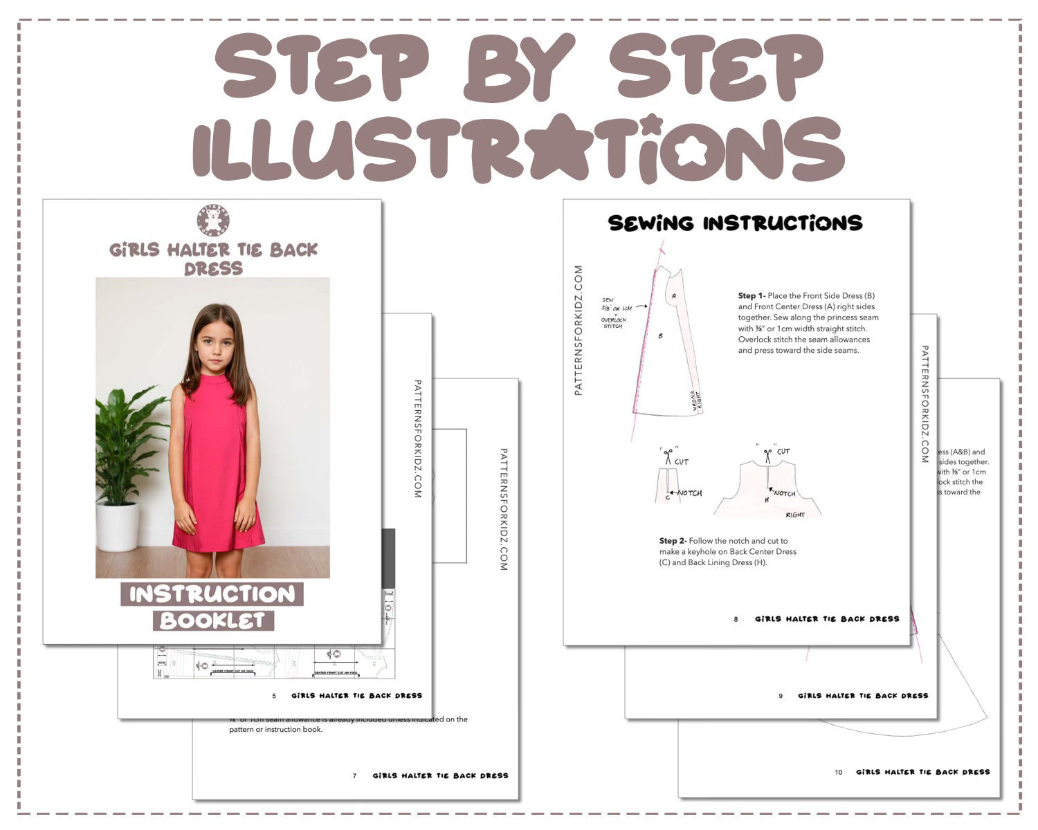 Girls Halter Tie Back Dress sewing pattern step by step illustrations.