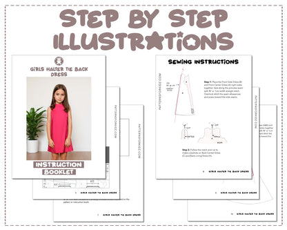 Girls Halter Tie Back Dress sewing pattern step by step illustrations.