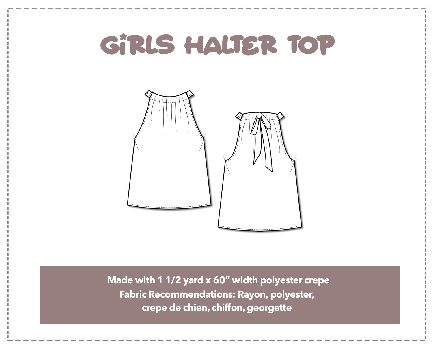 Illustration and detailed description for Girls Halter Top sewing pattern.