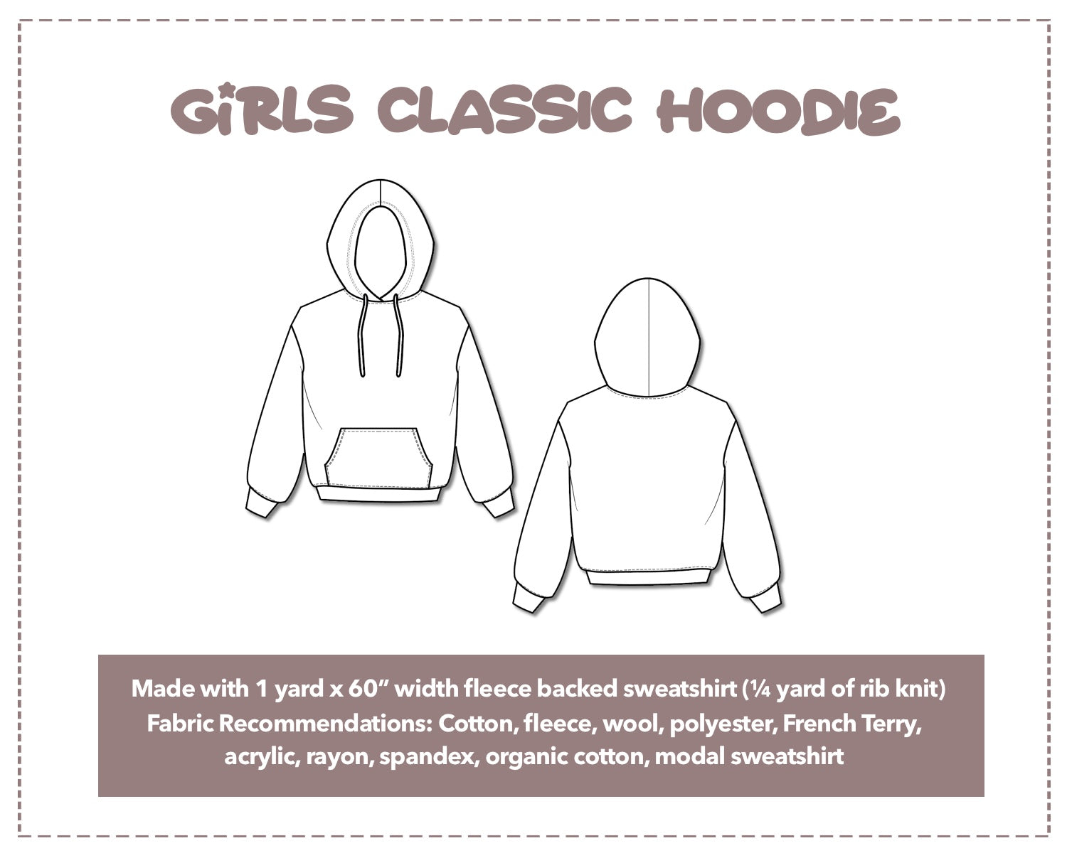 Illustration and detailed description for Girls Hoodie sewing pattern.