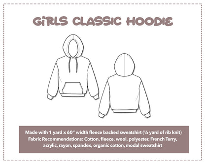 Illustration and detailed description for Girls Hoodie sewing pattern.