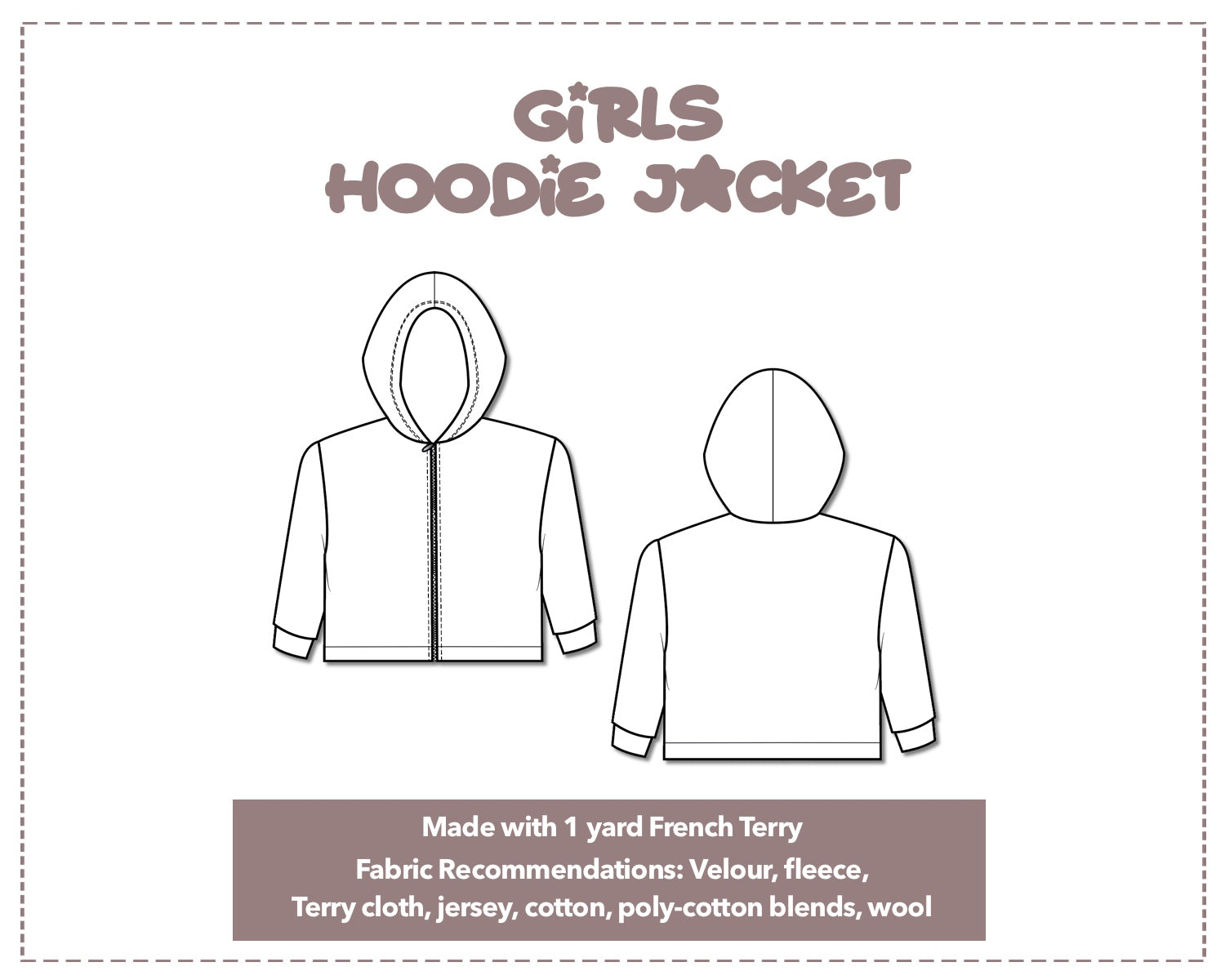 Illustration and detailed description for Girls Zip Up Hoodie Jacket sewing pattern.