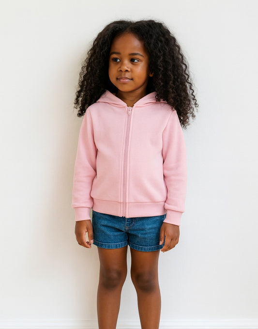 Young girl wearing pink Zip Up Hoodie Jacket and denim jeans in front of white wall background and wood floor.