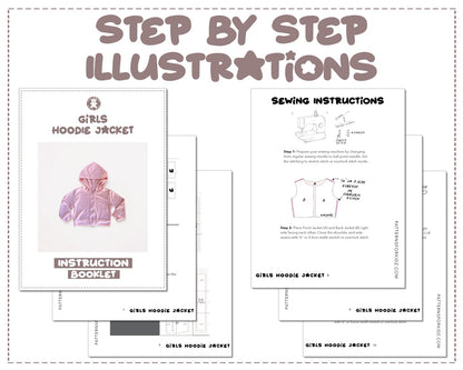 Girls Zip Up Hoodie Jacket sewing pattern step by step illustrations.