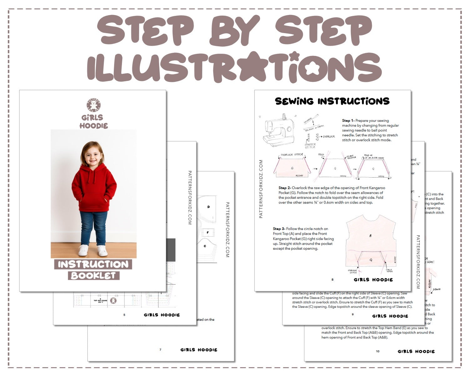 Girls Hoodie sewing pattern step by step illustrations.