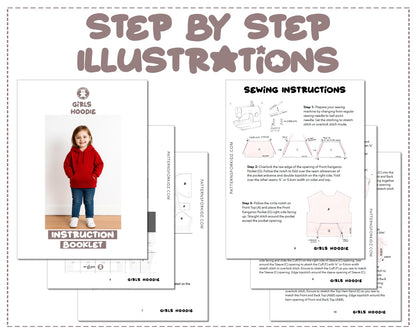 Girls Hoodie sewing pattern step by step illustrations.