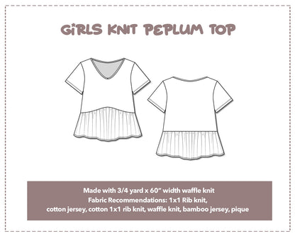 Illustration and detailed description for Girls Knit Peplum Top sewing pattern. Made with ¾ yard x 60” width waffle knit. Other Fabric Recommendations: 1x1 rib Knit, cotton jersey, cotton 1x1 rib knit, waffle knit, bamboo jersey, pique