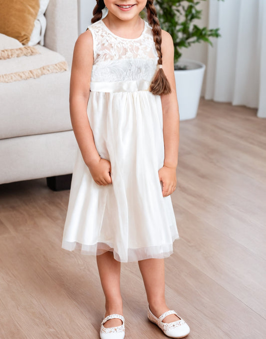 Front view of Girls Lace Inset Mesh Hem Party Dress.