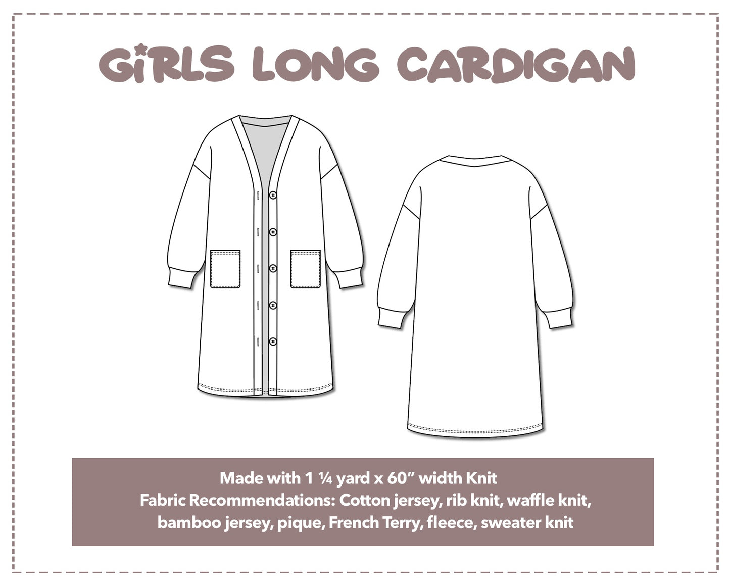 Illustration and detailed description for Girls Long Cardigan sewing pattern.