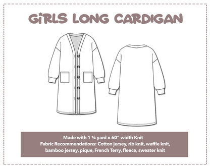 Illustration and detailed description for Girls Long Cardigan sewing pattern.