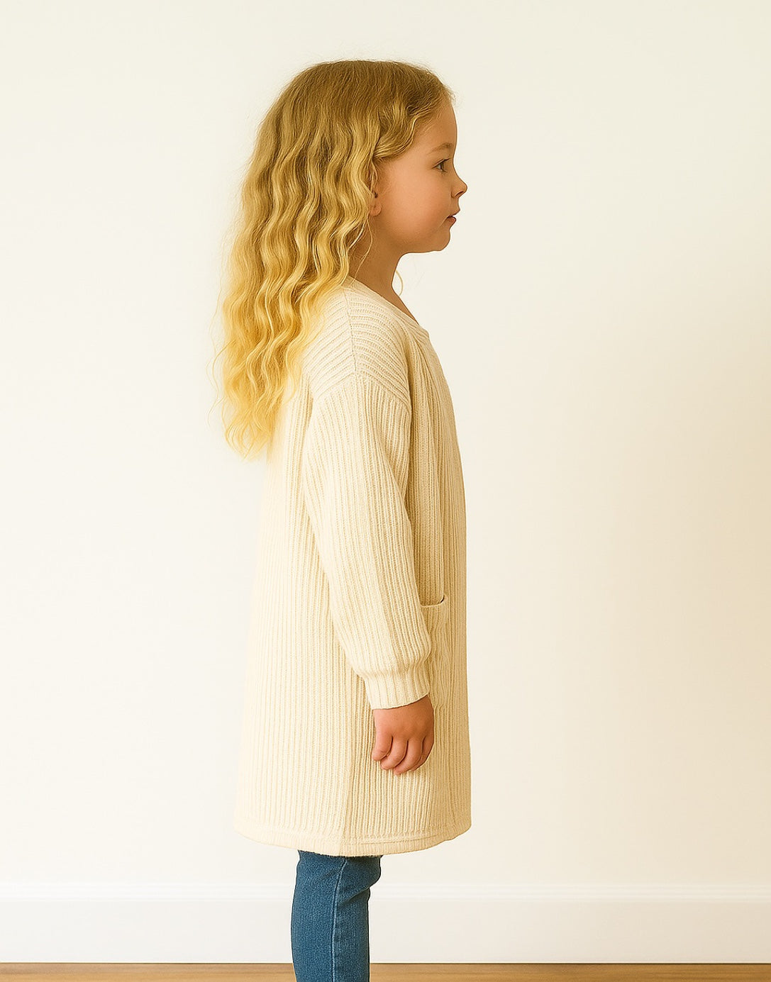 Side view of child wearing a long cream Cardigan against a white background.