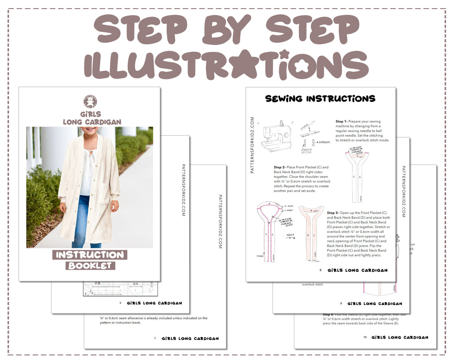 Girls Long Cardigan sewing pattern step by step illustrations.