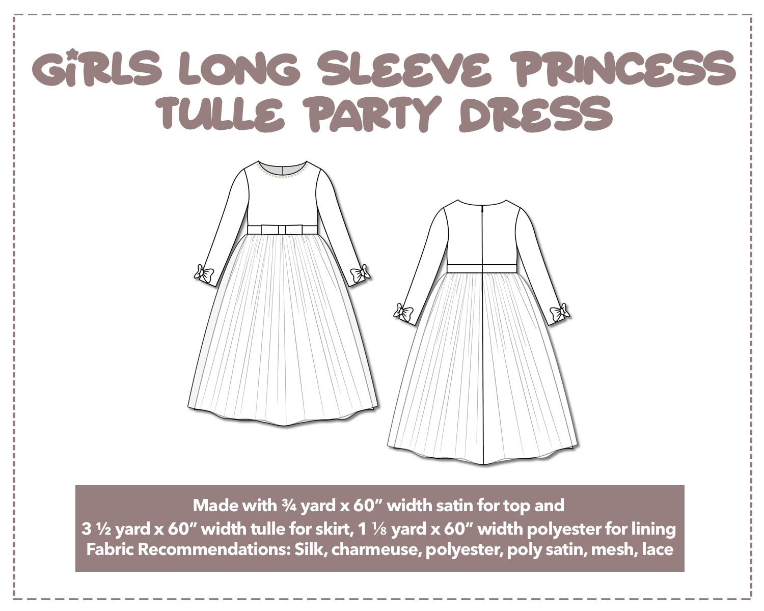 Girls Long Sleeve Princess Tulle Party Dress Sewing Pattern Patterns For Less Girls Long Sleeve Princess Tulle Party Dress Sewing Pattern Patterns For Less