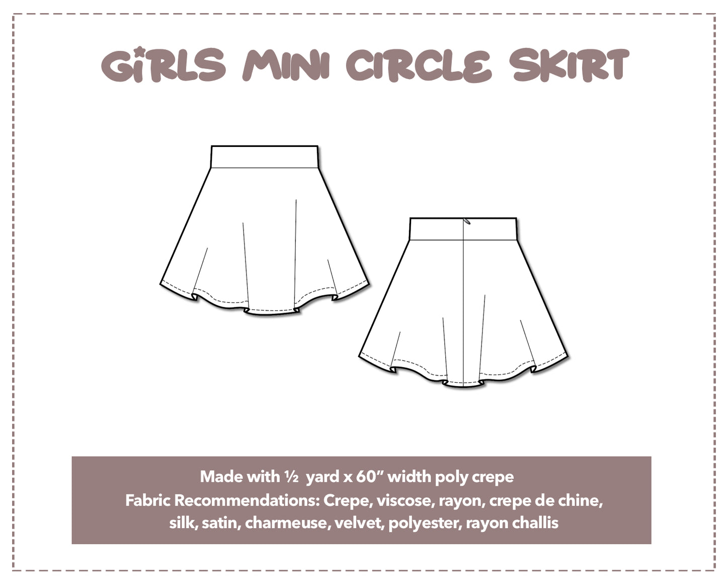 Illustration and detailed description for Girls Mini Circle Skirt sewing pattern.