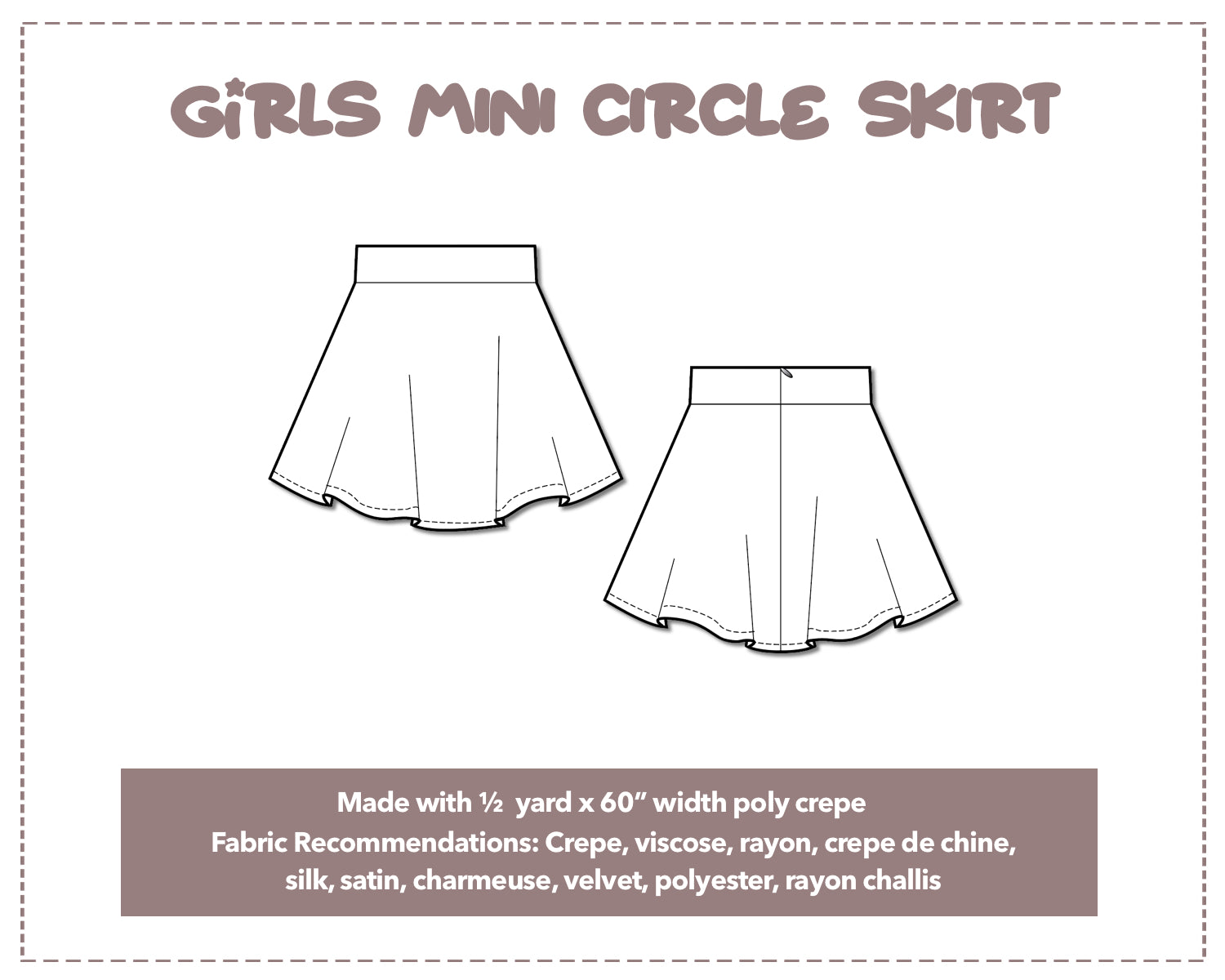 Illustration and detailed description for Girls Mini Circle Skirt sewing pattern.